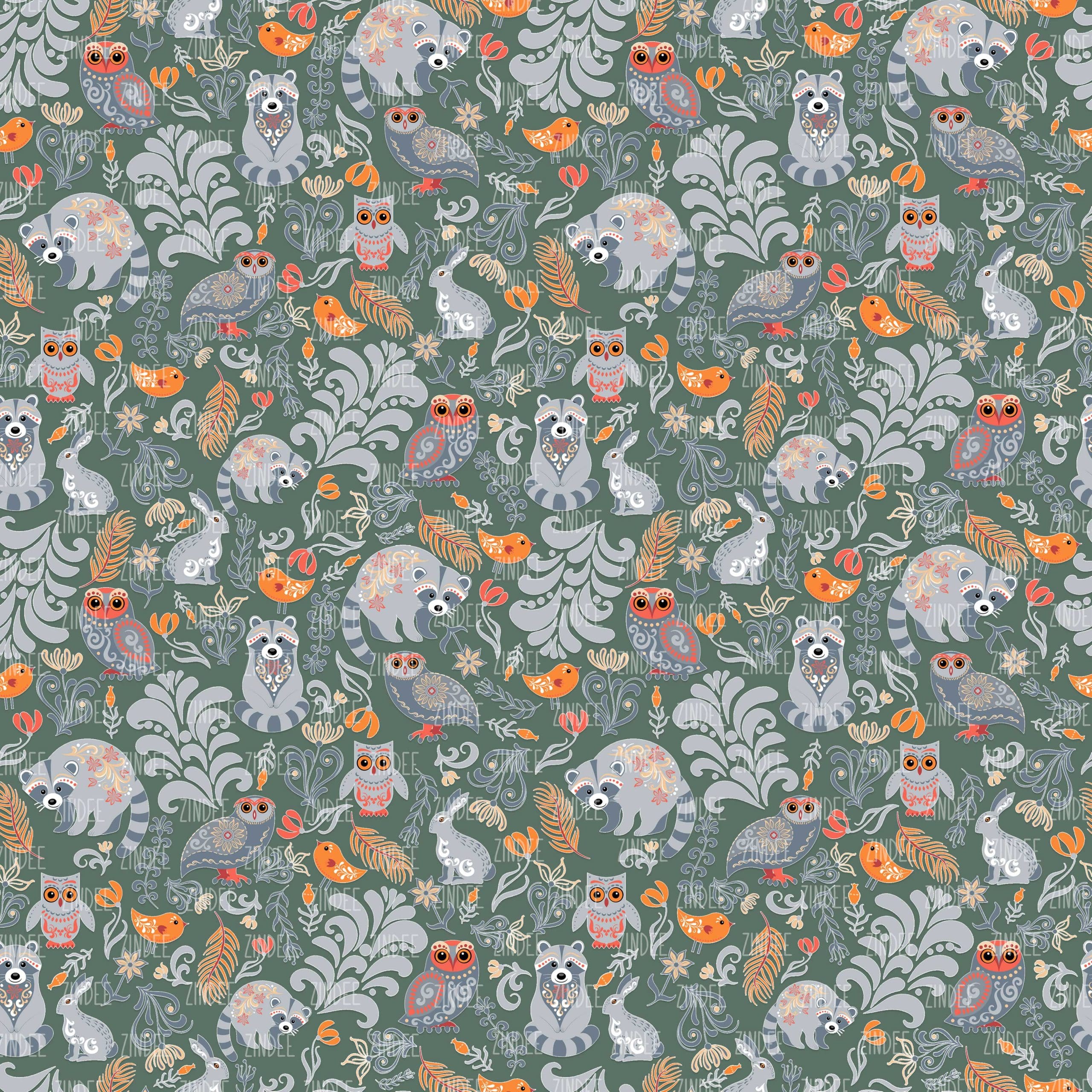 Autumn Forest Animals Green seamless (vinyl)