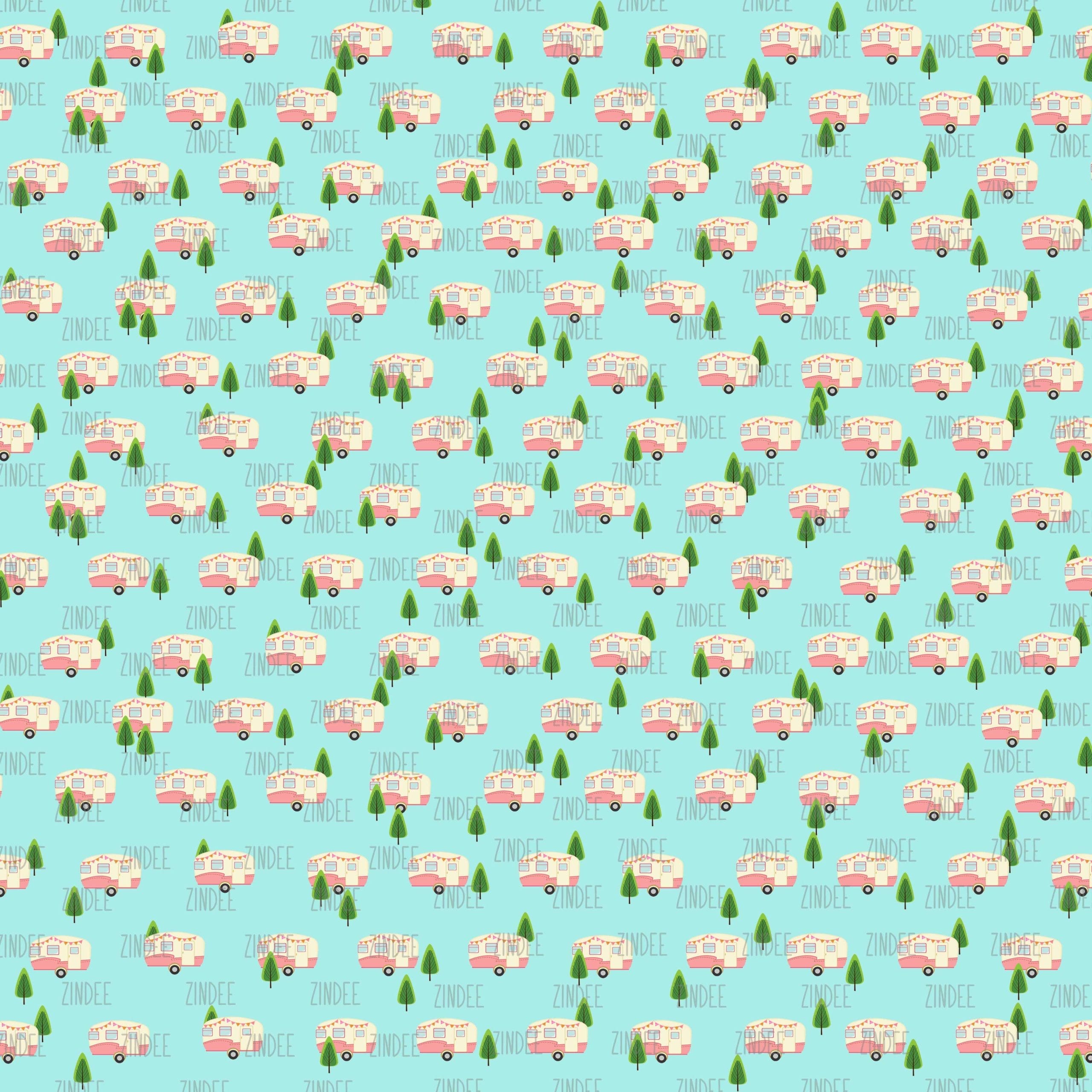 Camper Retro Blue Sm. with Trees (vinyl)