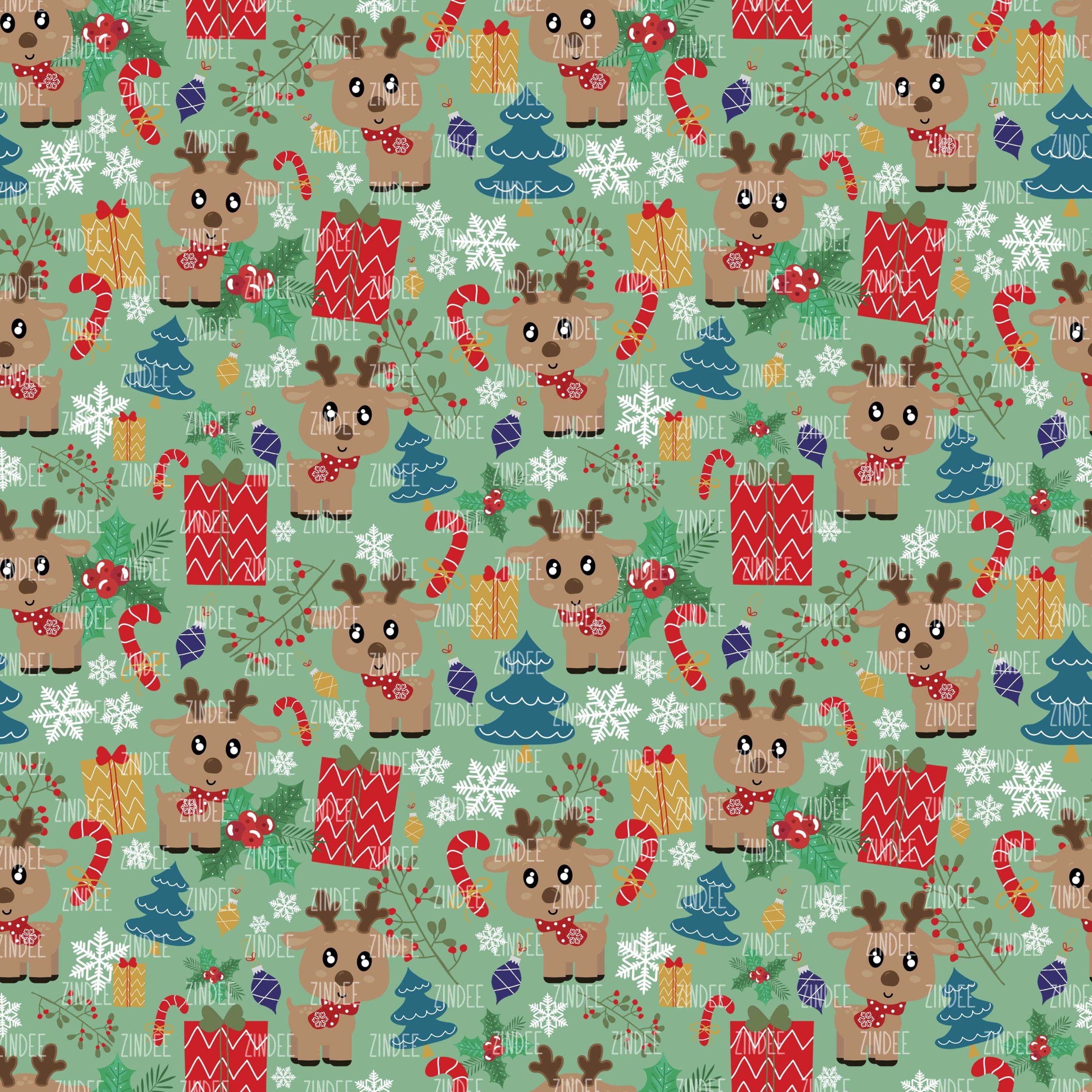 Festive Reindeer Baby Green seamless (digital paper)