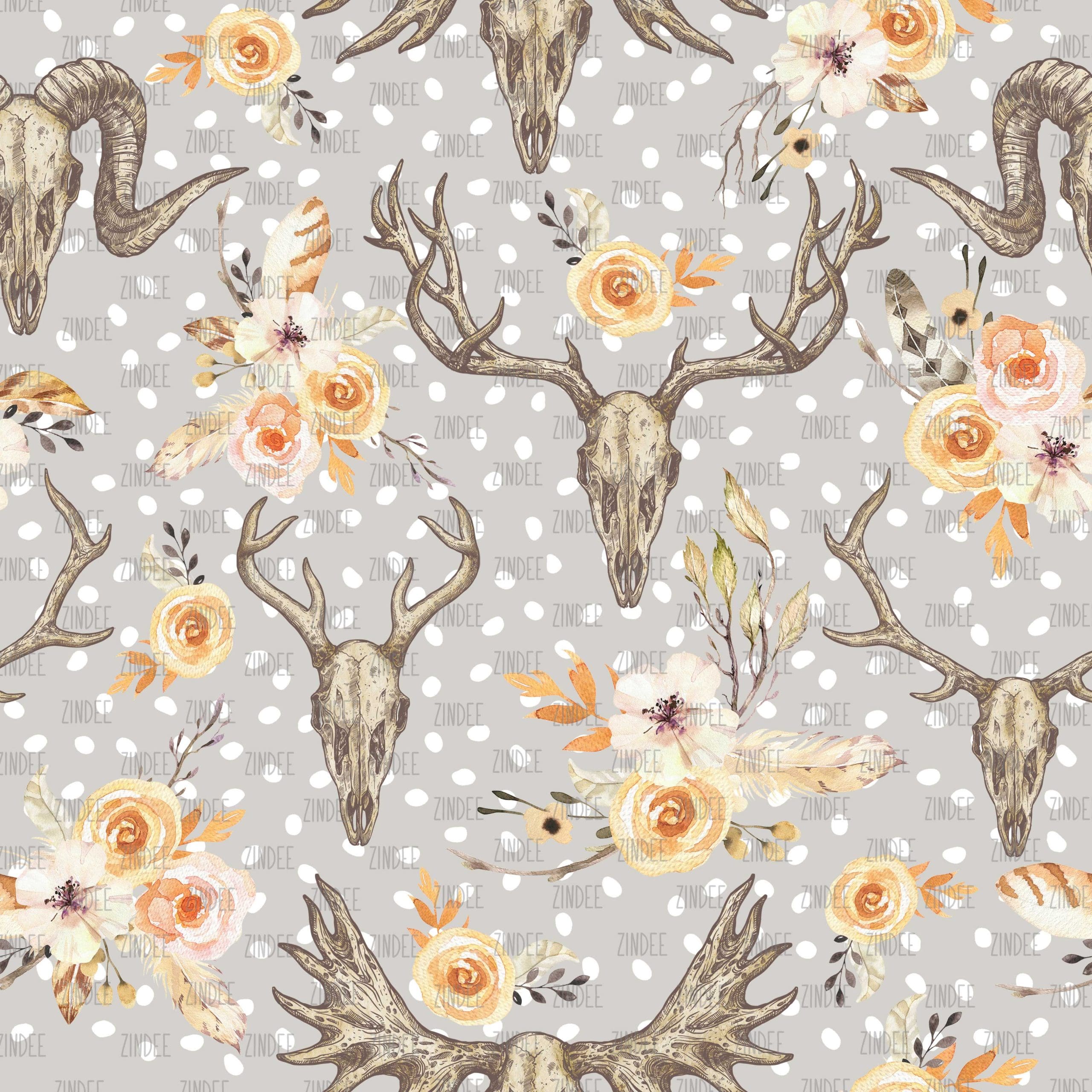 Floral Boho Skull Grey (digital paper)