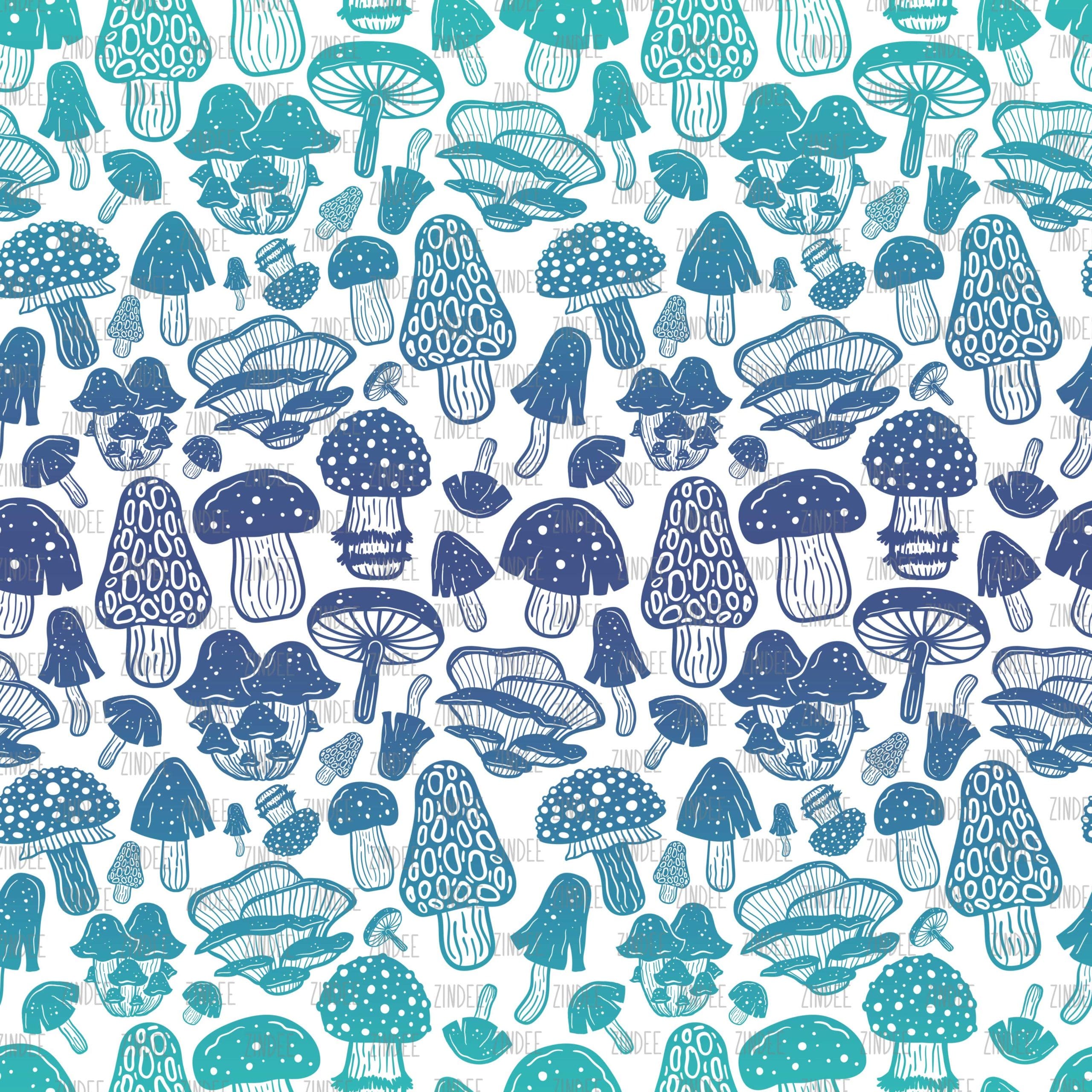 Funky Mushrooms Blue Ombre White seamless (vinyl)