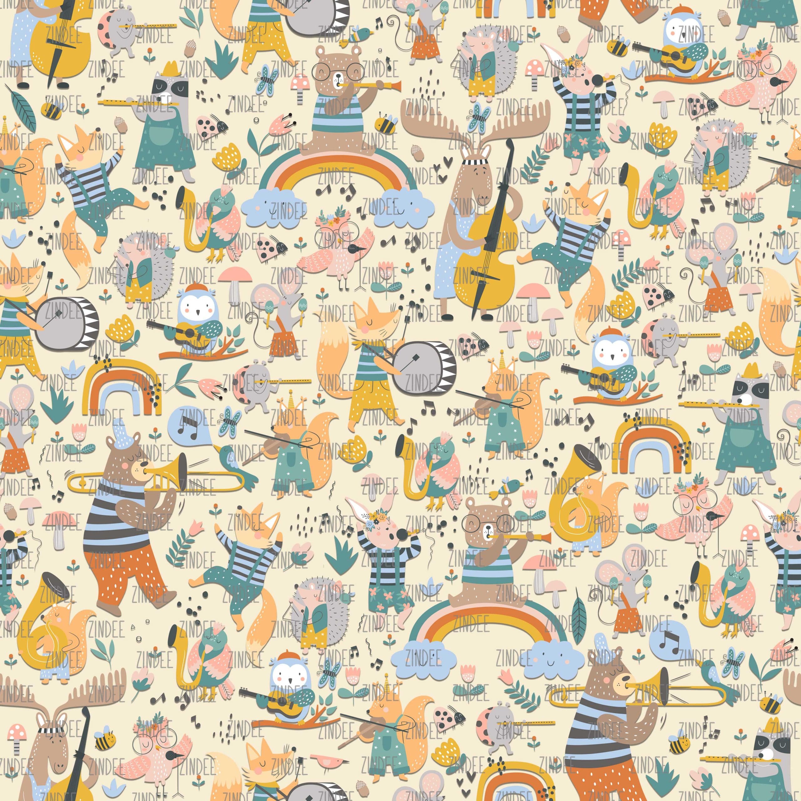 Musical Animals Woodland Yellow seamless (vinyl)