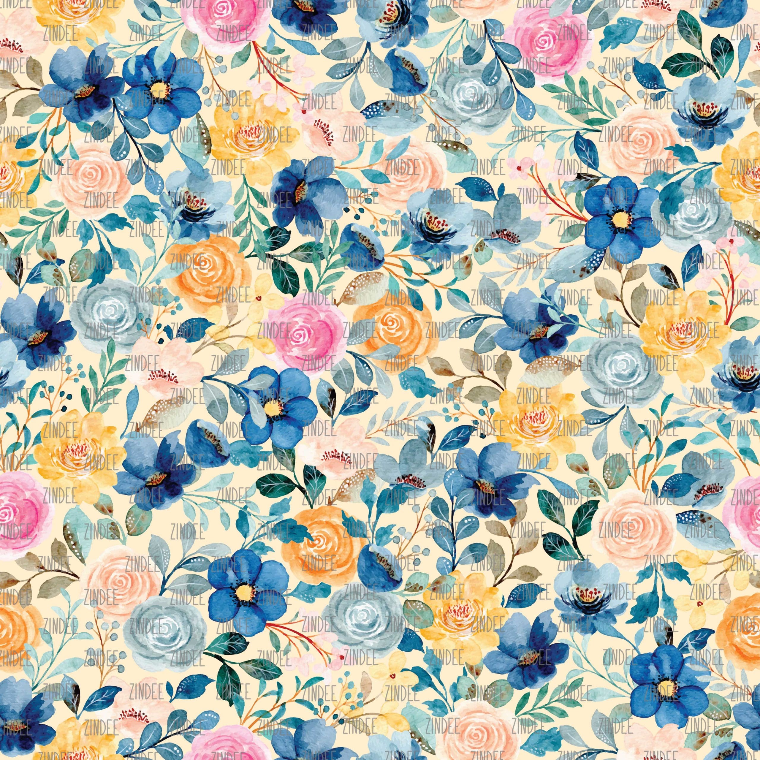 Navy Watercolor Blooms Yellow seamless (vinyl)