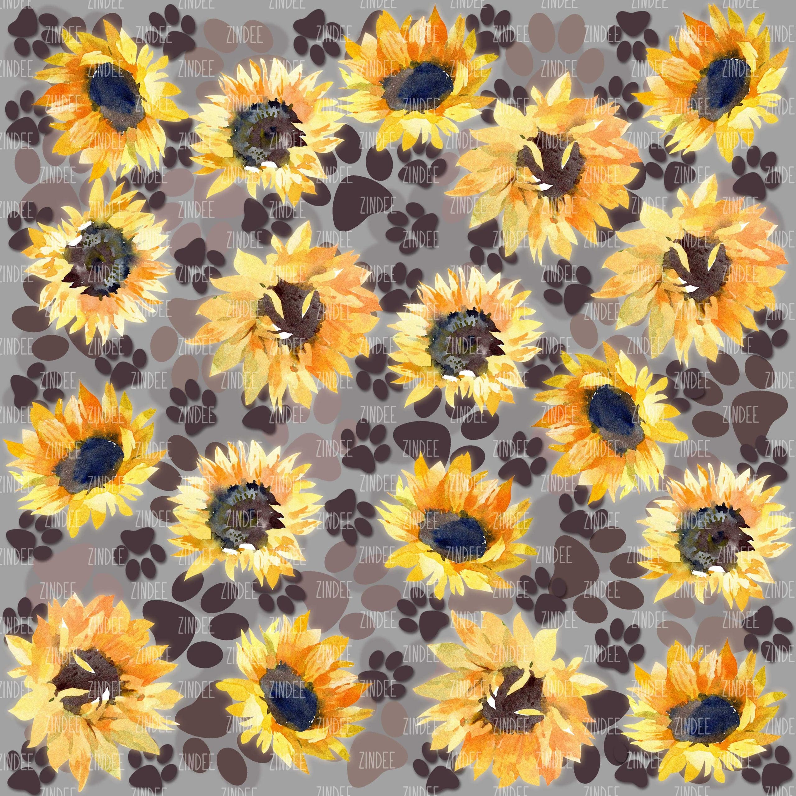Paw Print and Sunflowers Grey seamless (vinyl)