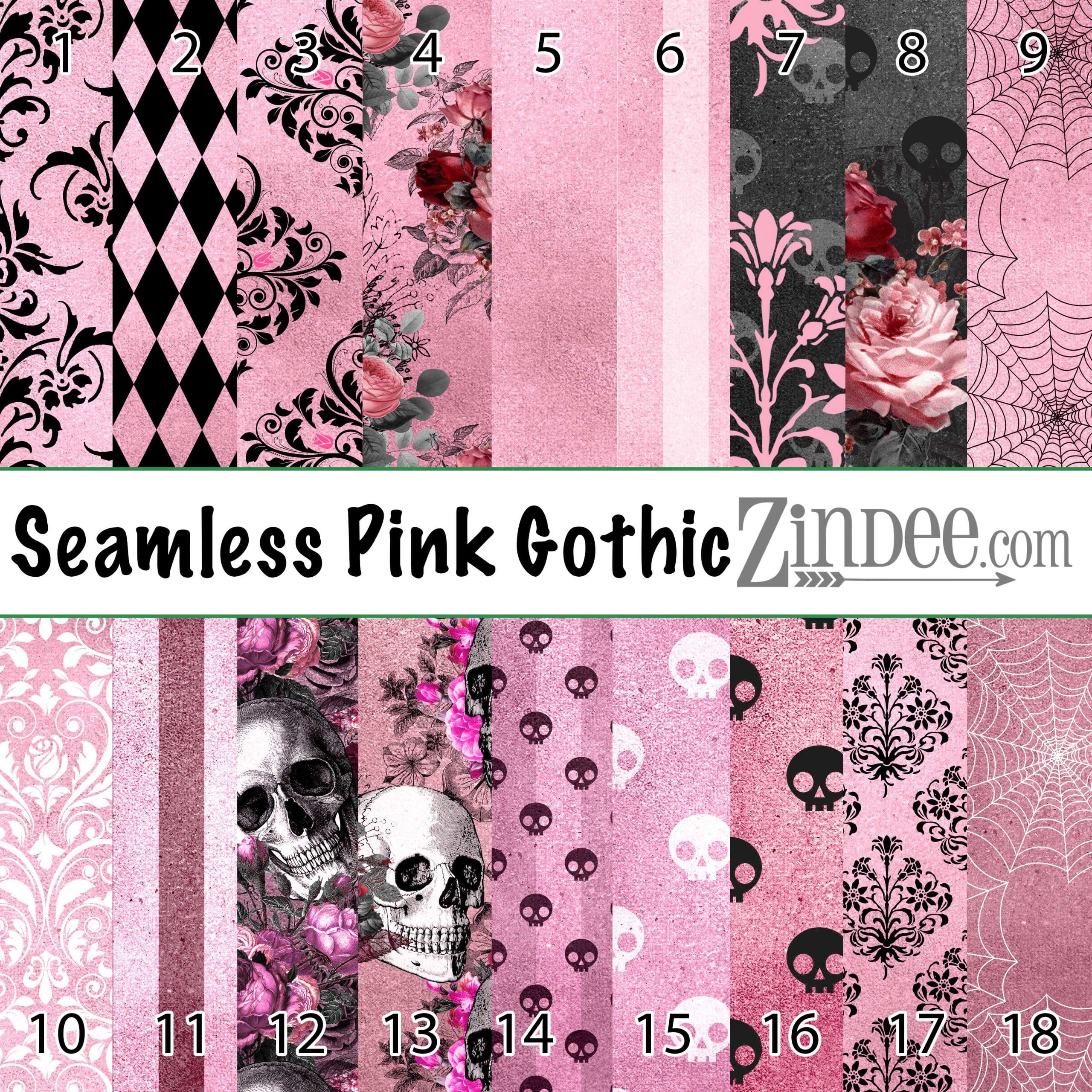Pink Gothic Digital Paper, Seamless Skull Damask Halloween