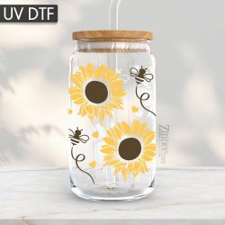 Sunflower and Bees UV DTF Glass Can Wrap