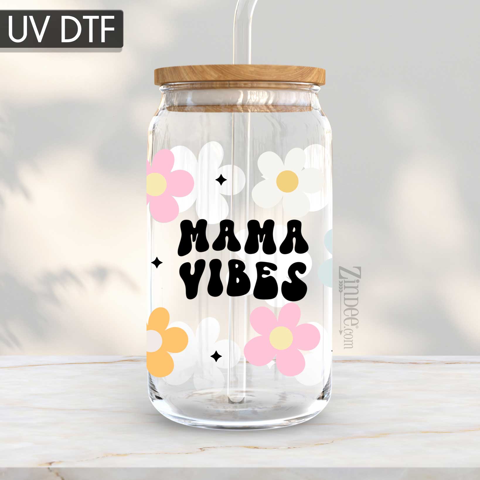 Mama Vibes Flowers UV DTF Glass Can Wrap