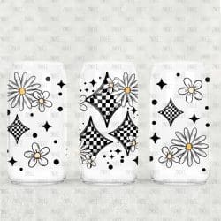 Checker Floral UV DTF Glass Can Wrap