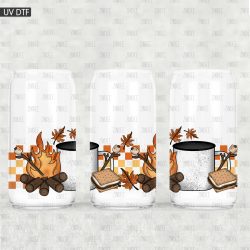 Fall Camping Border UV DTF Glass Can Wrap