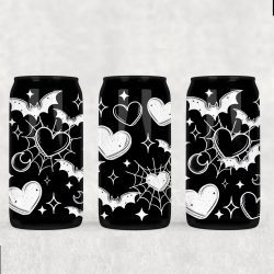 Bats Hearts White UV DTF Glass Can Wrap