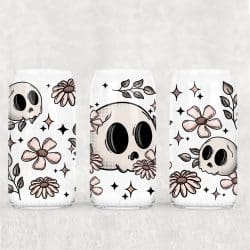 Pink Floral Skellie UV DTF Glass Can Wrap