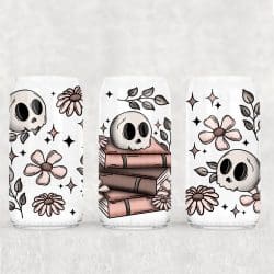 Pink Floral Skellie Book UV DTF Glass Can Wrap