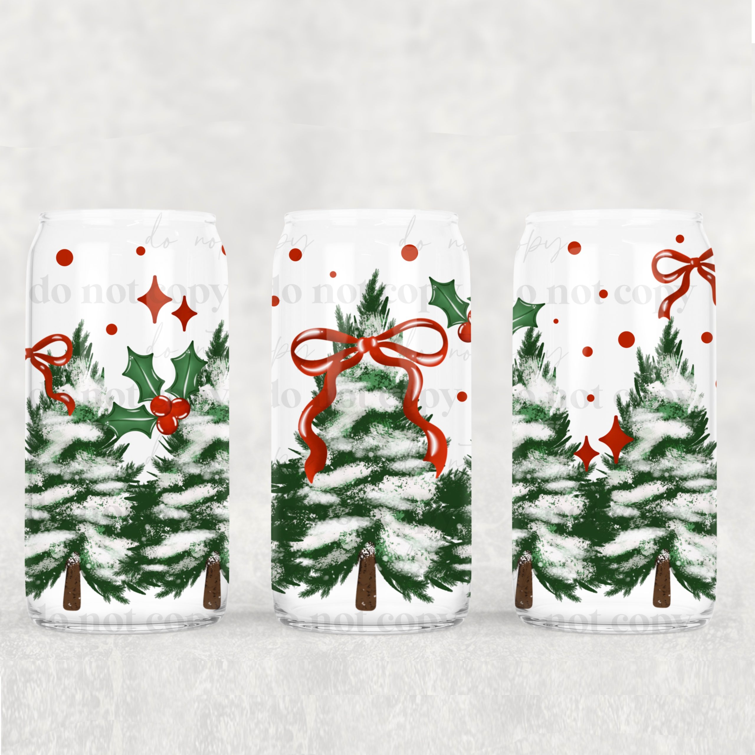 Holly Trees And Bows UV DTF Can Wrap