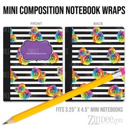 Black White Stripe Colorful Roses – Mini Composition Notebook Wrap (3.25" x 4.5") | Vinyl Notebook Cover