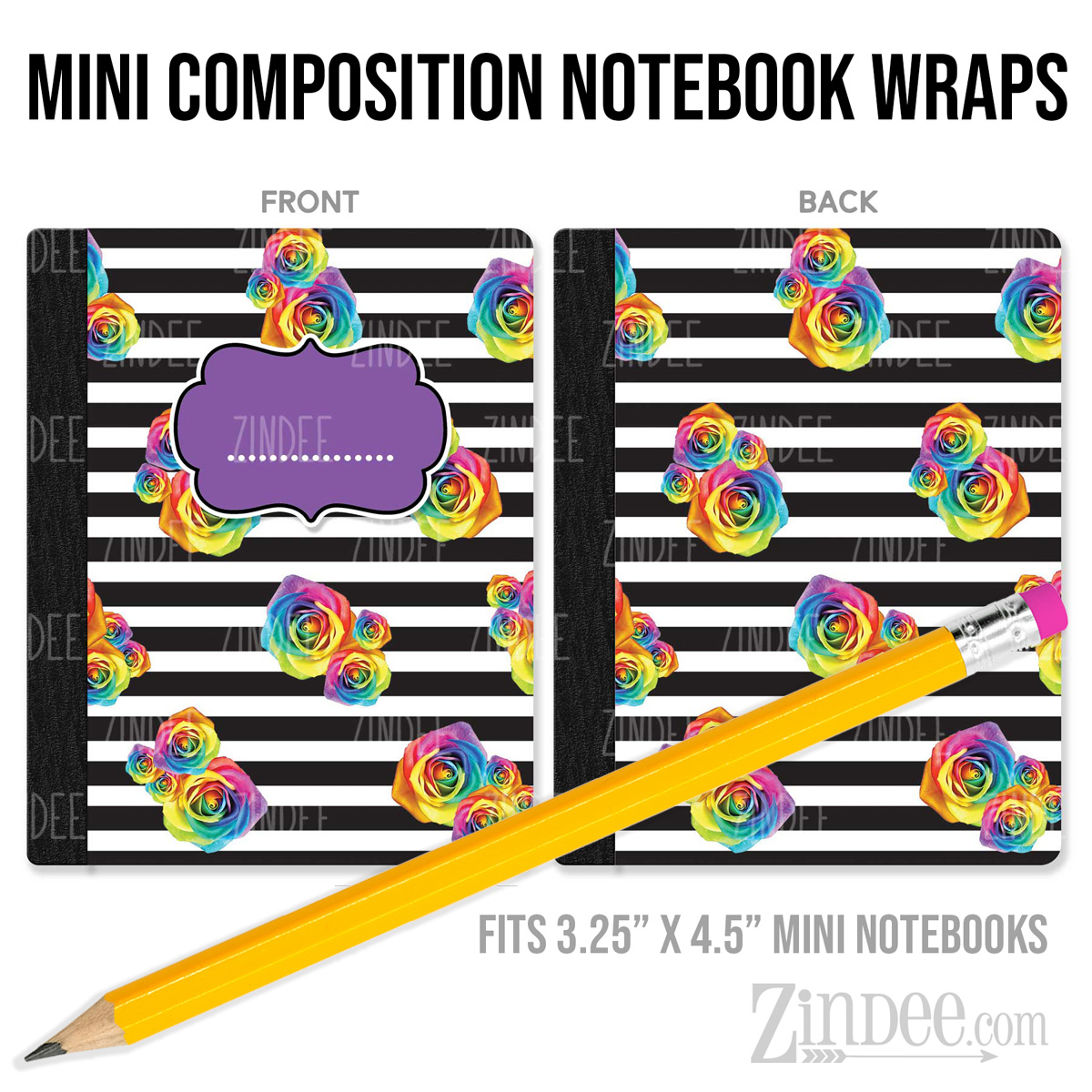 Black White Stripe Colorful Roses – Mini Composition Notebook Wrap (3.25" x 4.5") | Vinyl Notebook Cover