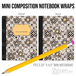 Brown Checker Floral – Mini Composition Notebook Wrap (3.25" x 4.5") | Vinyl Notebook Cover