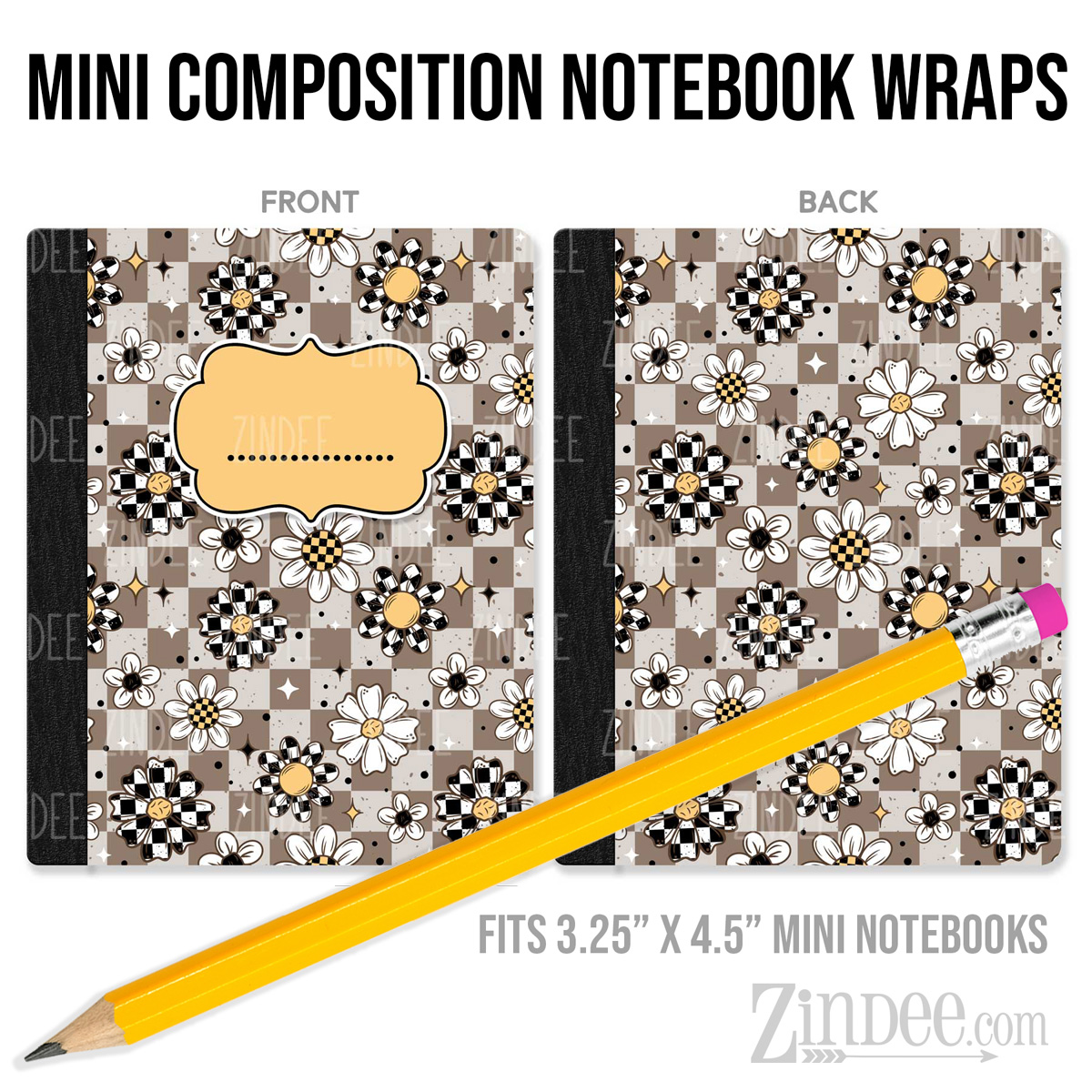Brown Checker Floral – Mini Composition Notebook Wrap (3.25" x 4.5") | Vinyl Notebook Cover