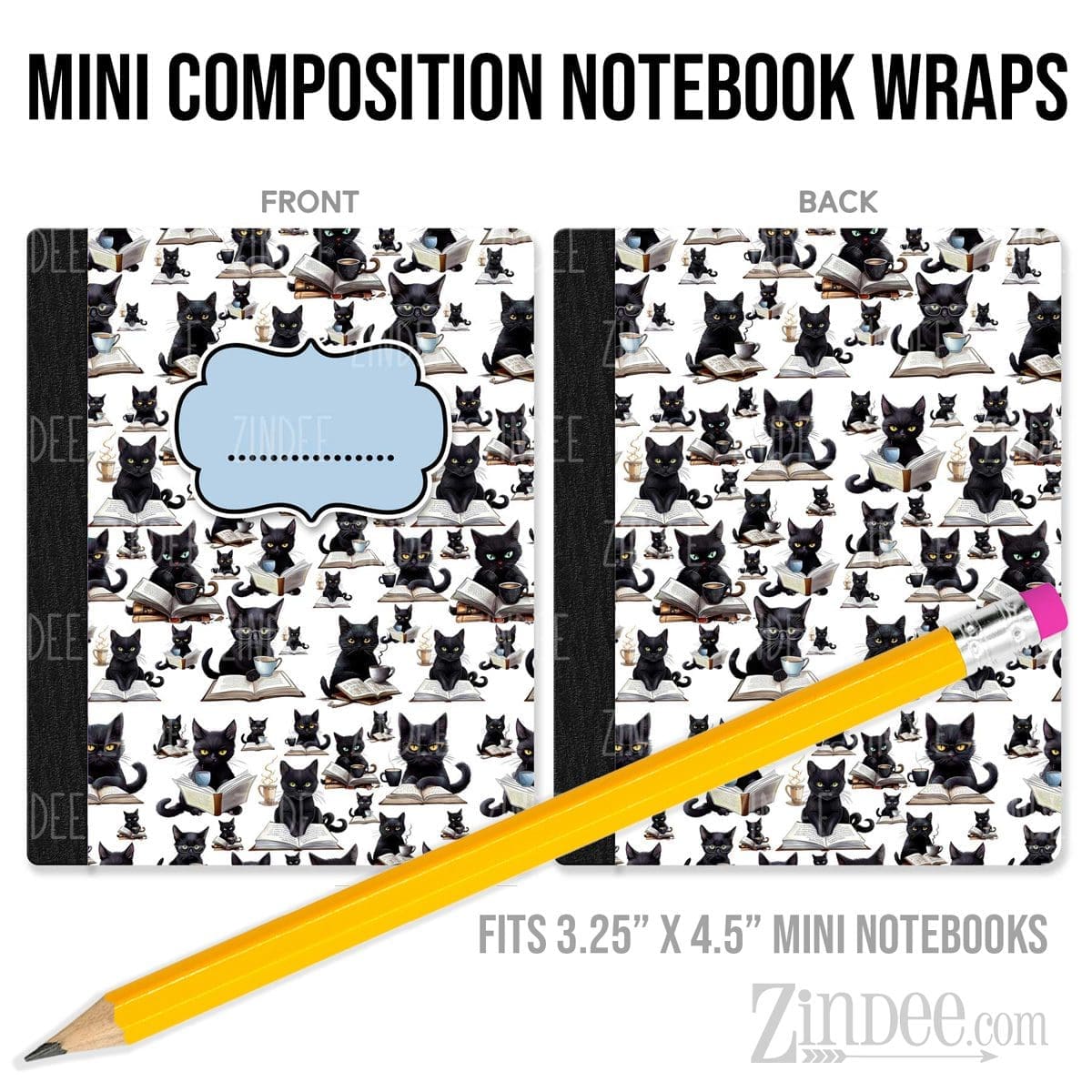 Sassy Reading Cats – Mini Composition Notebook Wrap (3.25" x 4.5") | Vinyl Notebook Cover