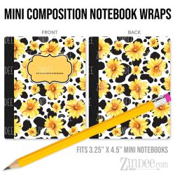 Cowprint and Sunflowers – Mini Composition Notebook Wrap (3.25" x 4.5") | Vinyl Notebook Cover