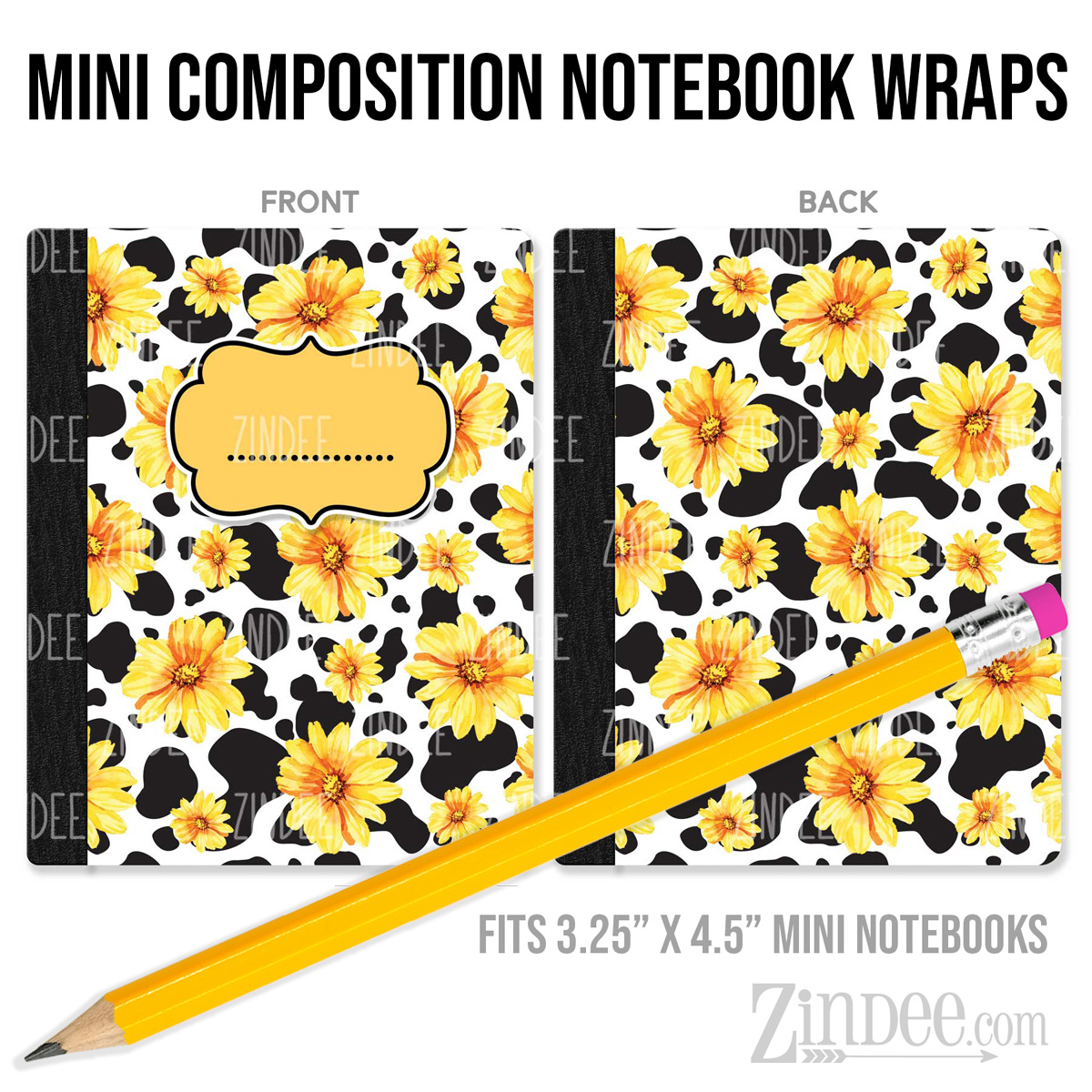 Cowprint and Sunflowers – Mini Composition Notebook Wrap (3.25" x 4.5") | Vinyl Notebook Cover