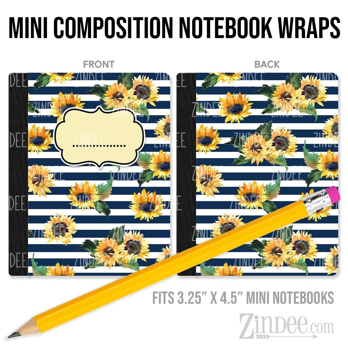 Navy Stripe Sunflowers – Mini Composition Notebook Wrap (3.25" x 4.5") | Vinyl Notebook Cover