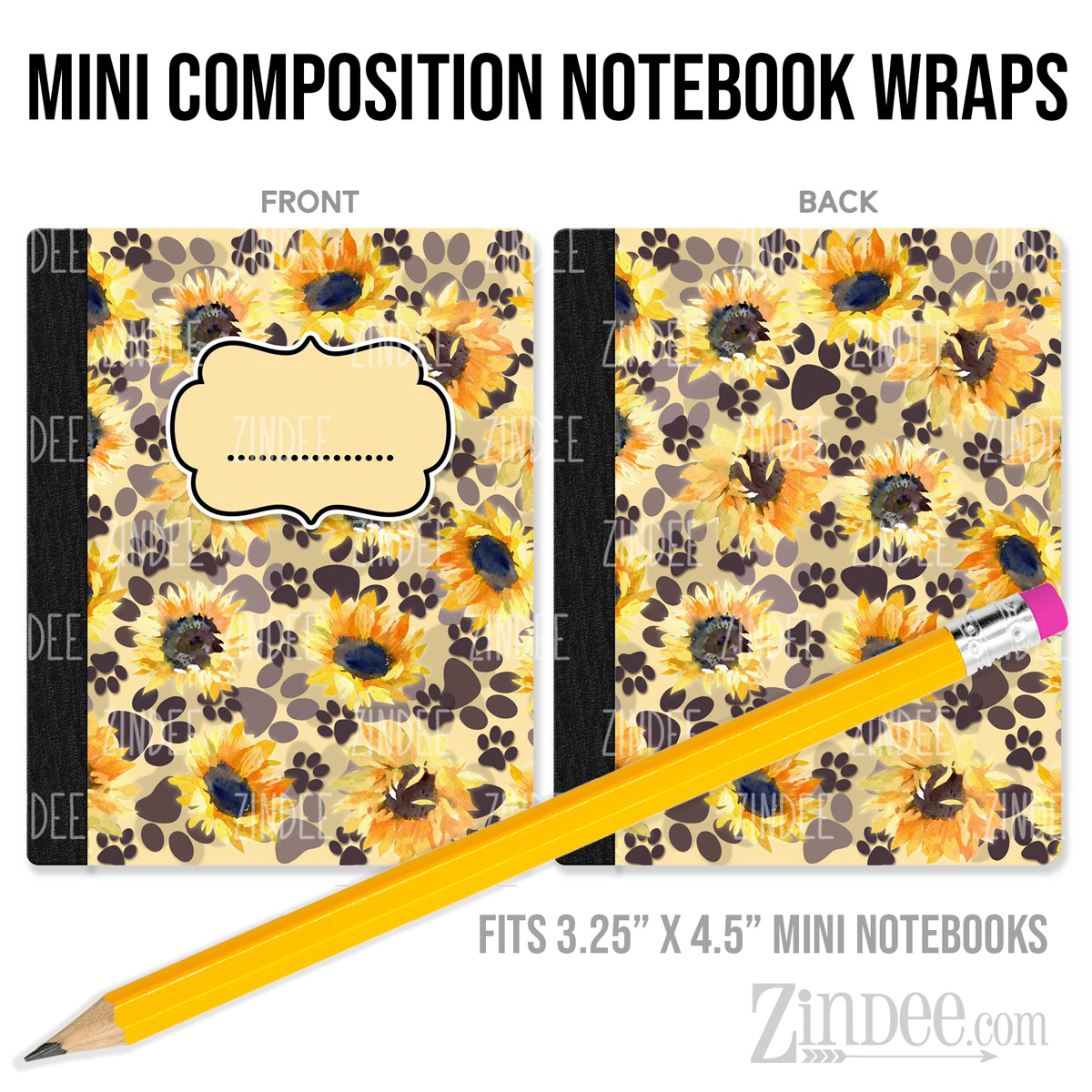 Paw Print and Sunflowers – Mini Composition Notebook Wrap (3.25" x 4.5") | Vinyl Notebook Cover