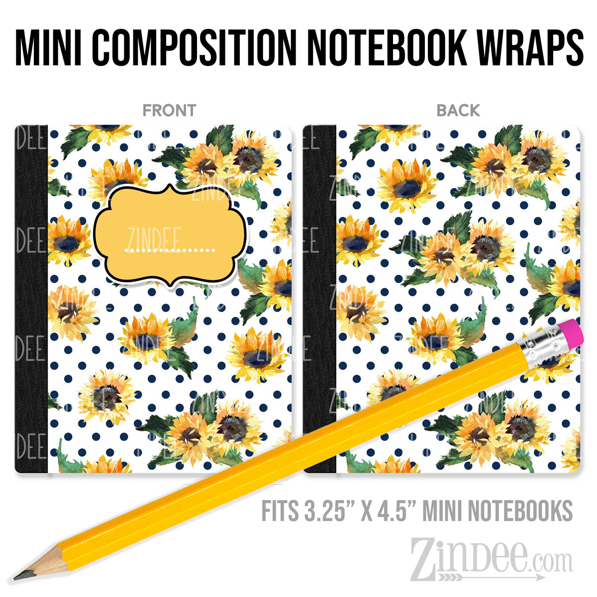 White Navy Polka Dots Sunflowers – Mini Composition Notebook Wrap (3.25" x 4.5") | Vinyl Notebook Cover