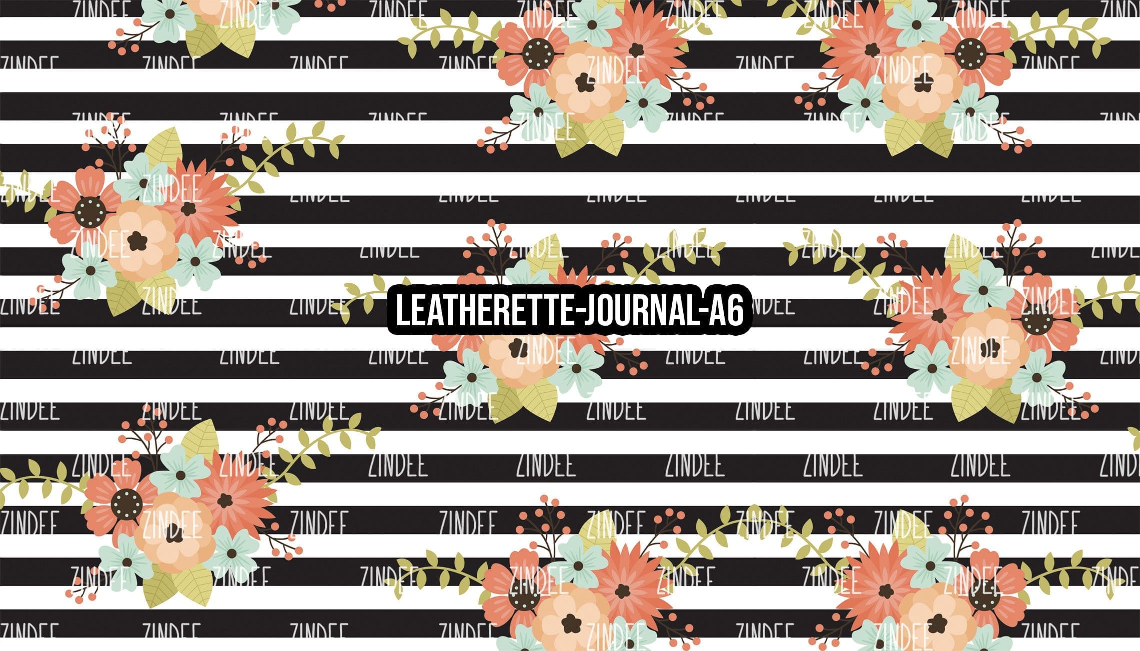 Black White Stripe Floral Coral - Journal Size- A6 (Faux Leather)